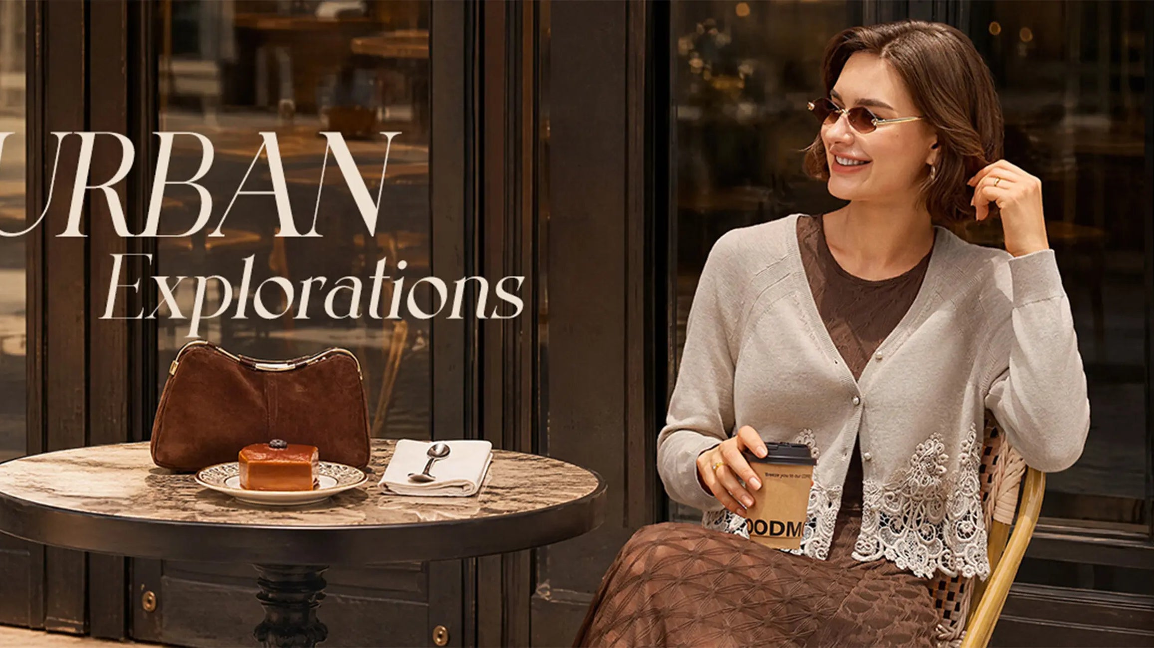 Baroque-inspired lace hem cropped crochet cardigan styled with mini skirt and knee-high boots for a city escape look