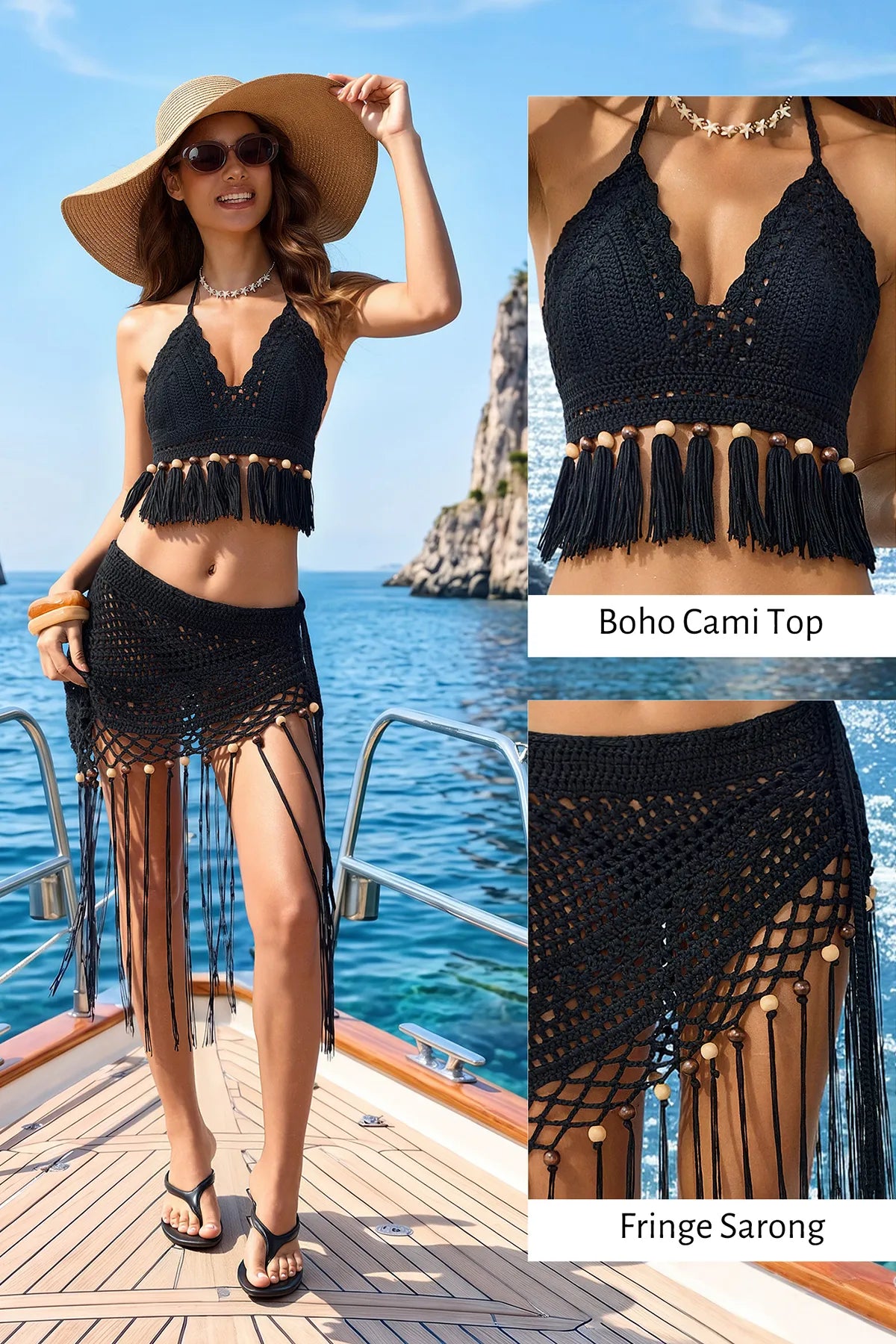 A woman on a boat wearing a black crocheted bikini-style top with fringe and a matching fringe sarong skirt, with close-up inset views of the top and skirt details. Text labels read 'Boho Cami Top' and 'Fringe Sarong'.