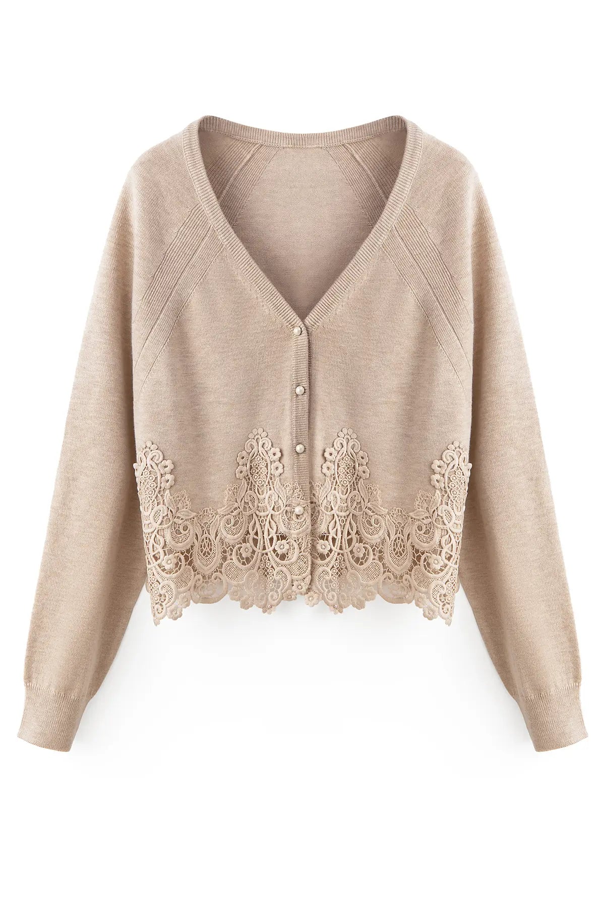 A beige knit cardigan sweater with a V-neck, raglan sleeves, and a decorative lace panel across the lower front, shown on a plain white background.