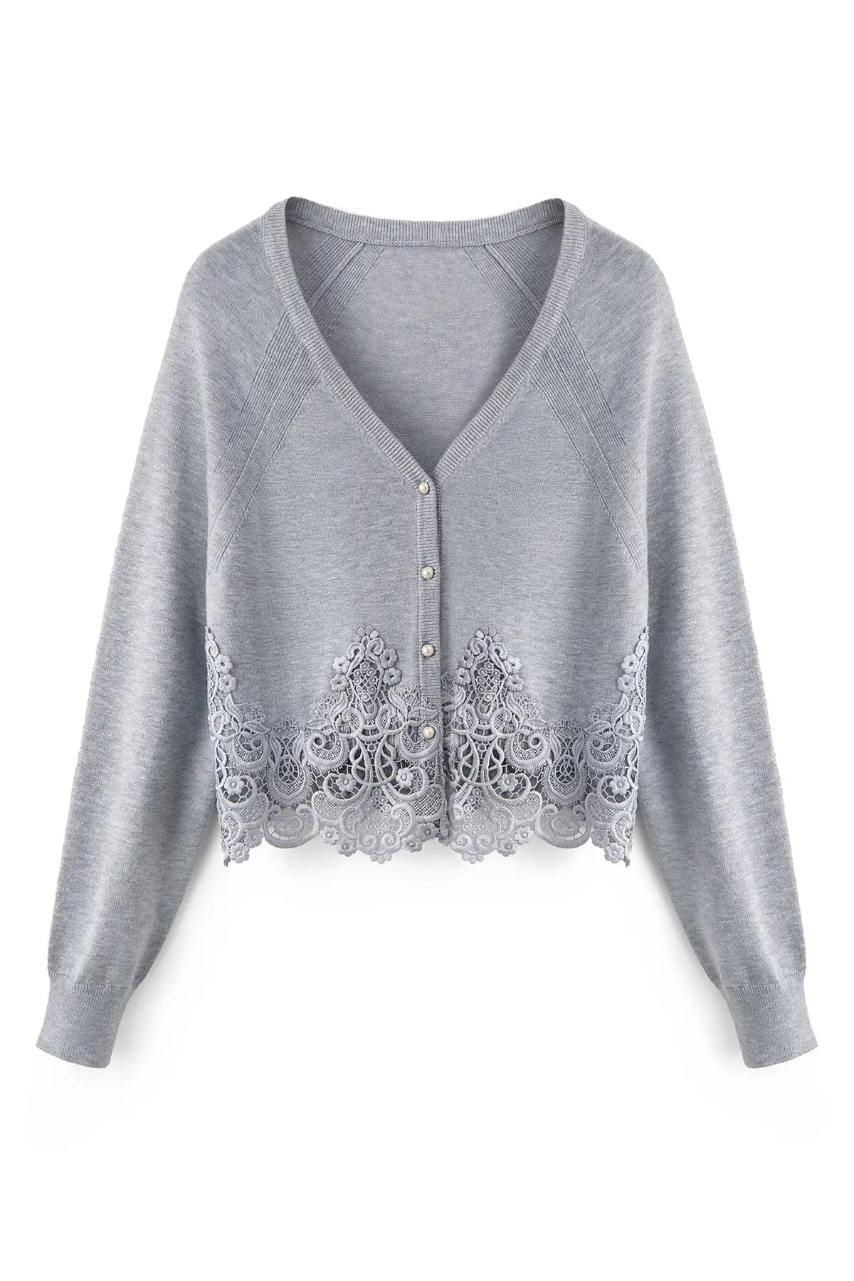 A light gray knit cardigan with a V-neck, button closure, and a decorative lace panel along the hem, shown on a plain white background.