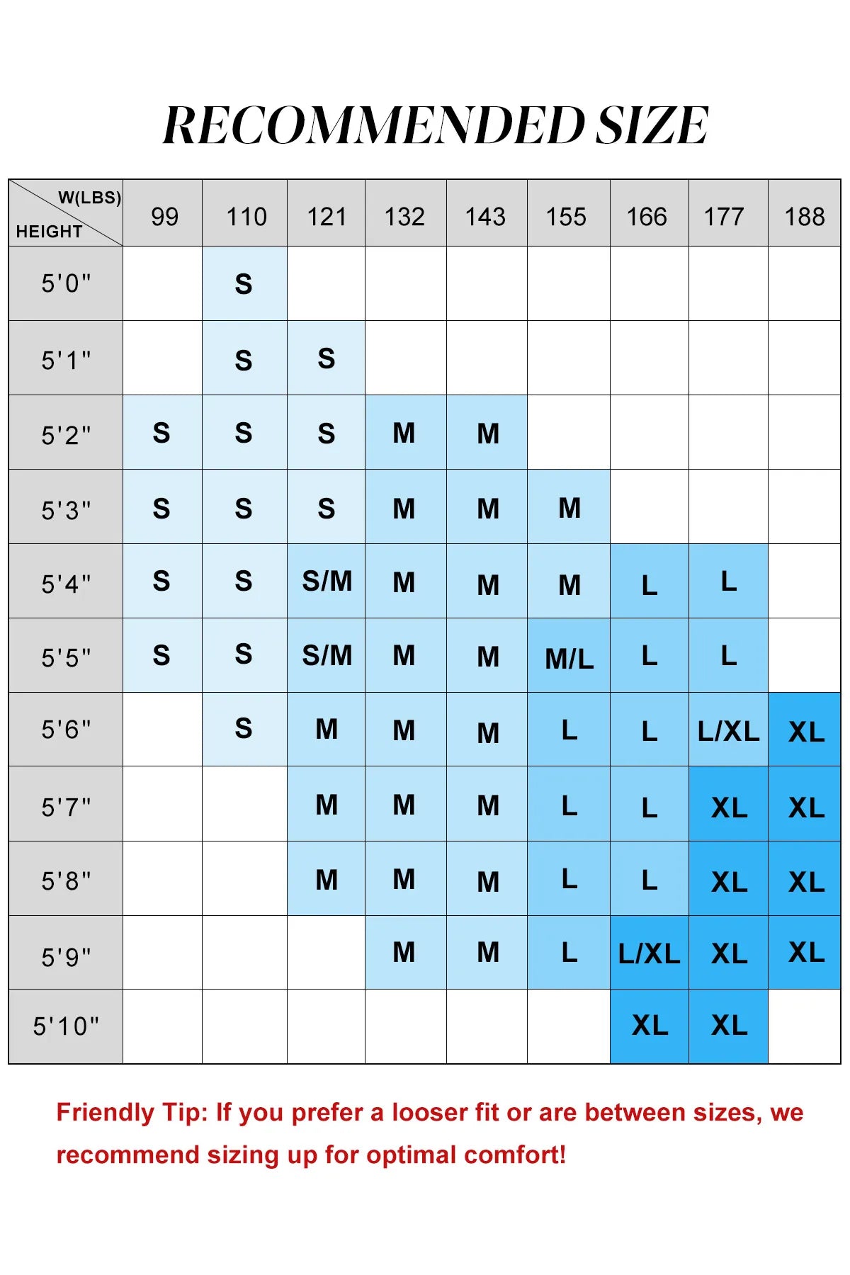 Size chart for clothing with height and weight ranges