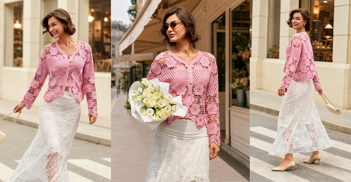 Woman wearing a pink crochet cardigan layered over a white lace midi skirt, styled for transitional season fashion on a city street