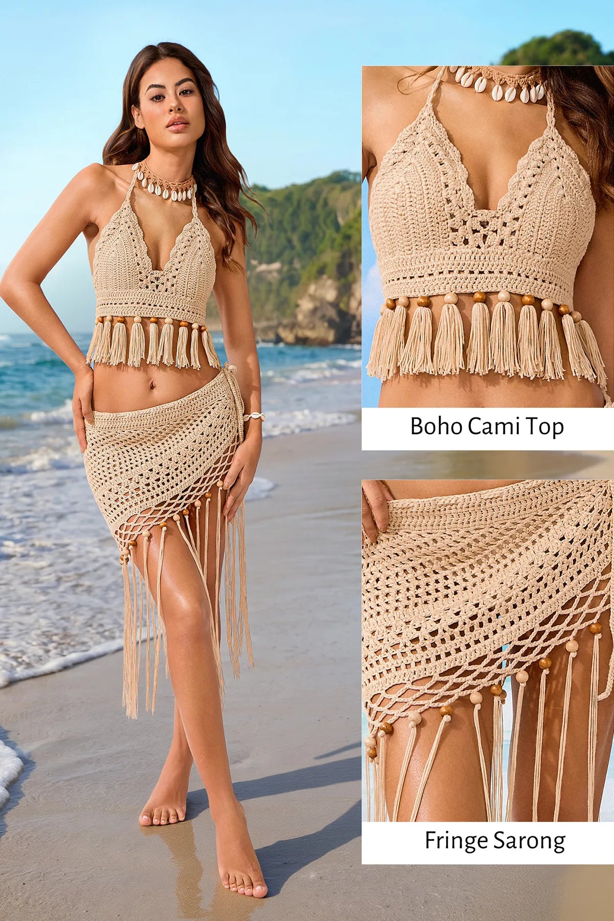 A woman stands on a beach wearing a beige crochet boho-style two-piece set with a halter top, fringe waist detail, and matching fringe sarong. Two inset close-ups on the right show the top and sarong separately with labels reading 'Boho Cami Top' and 'Fringe Sarong'.