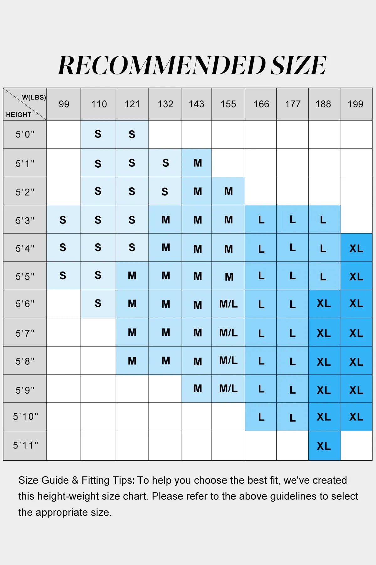 Size chart for clothing with height and width dimensions on a white background
