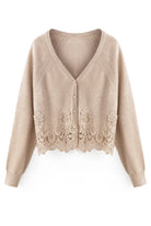 A beige knit cardigan sweater with a V-neck, raglan sleeves, and a decorative lace panel across the lower front, shown on a plain white background.