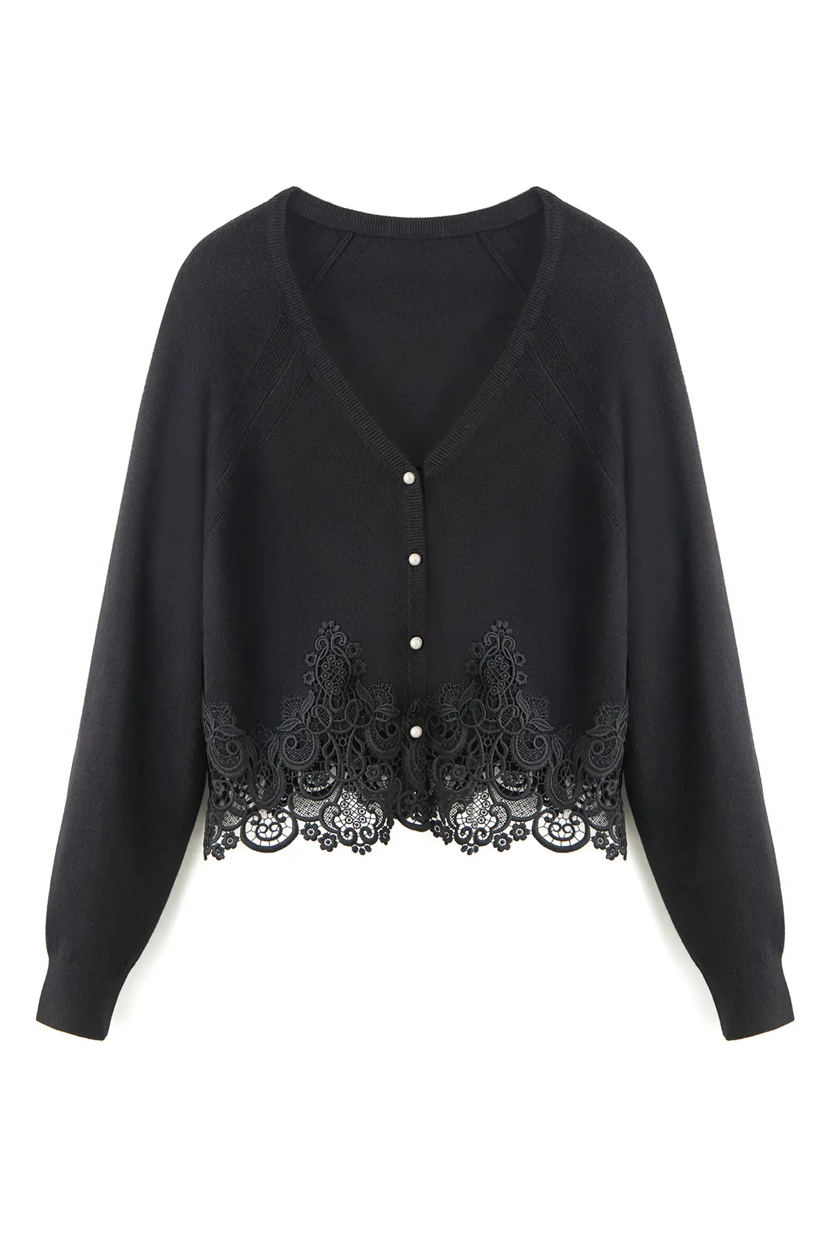 A black long-sleeve cardigan featuring a V-neckline, button-front closure, and an intricate black lace trim along the hem and cuffs, displayed against a solid white background.