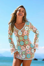 3D Camellia Embroidery Crochet Beach Cover Up Dress