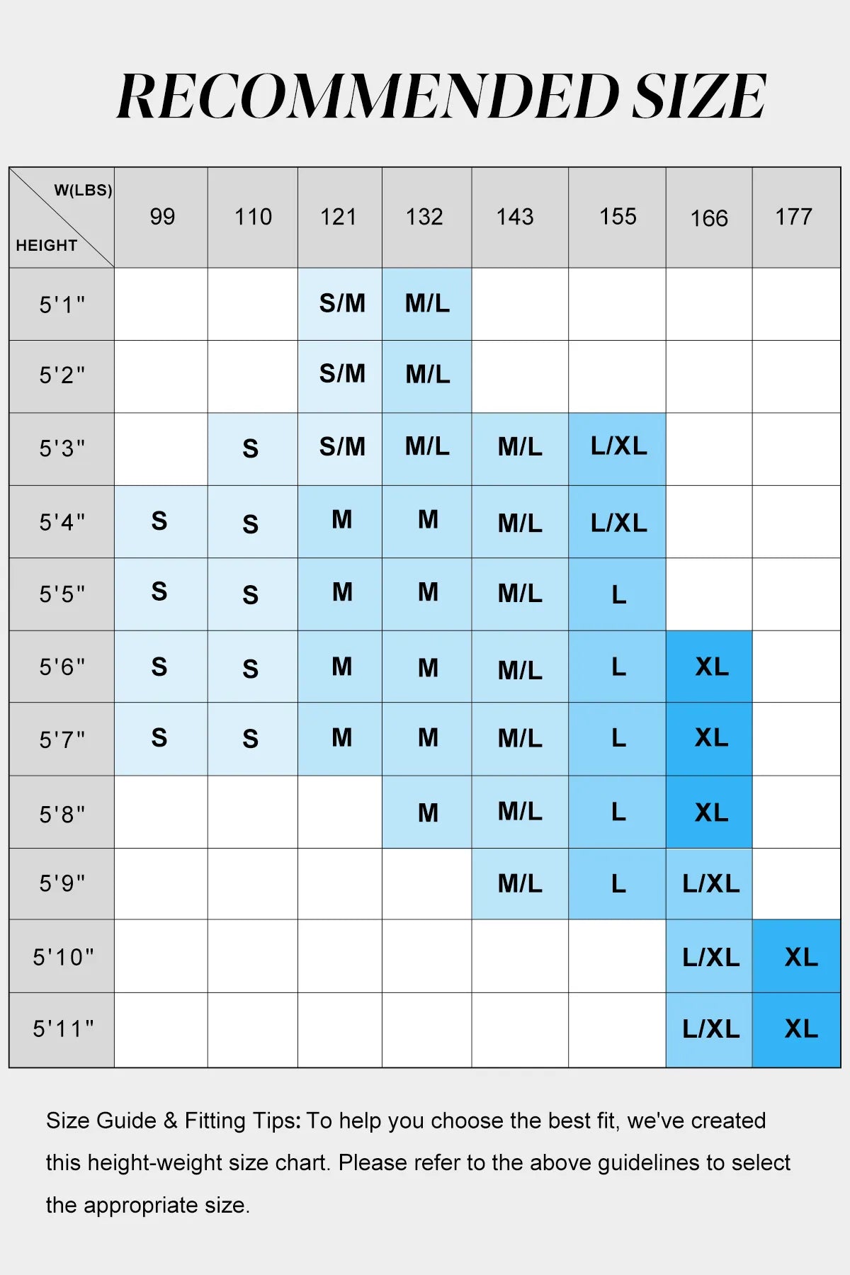 Size chart for clothing with height and weight guidelines