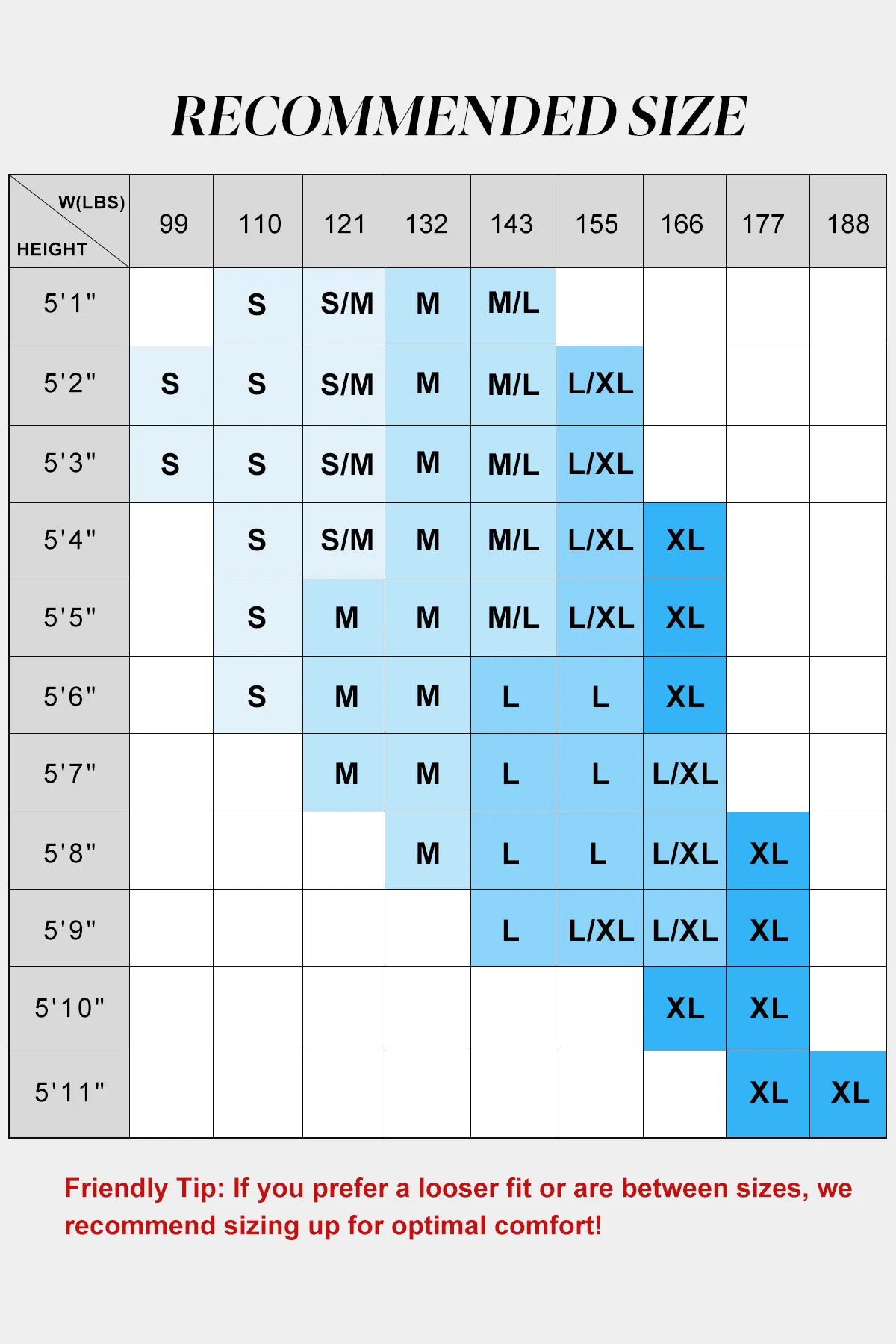 Size chart for clothing with height and weight recommendations in a grid format.