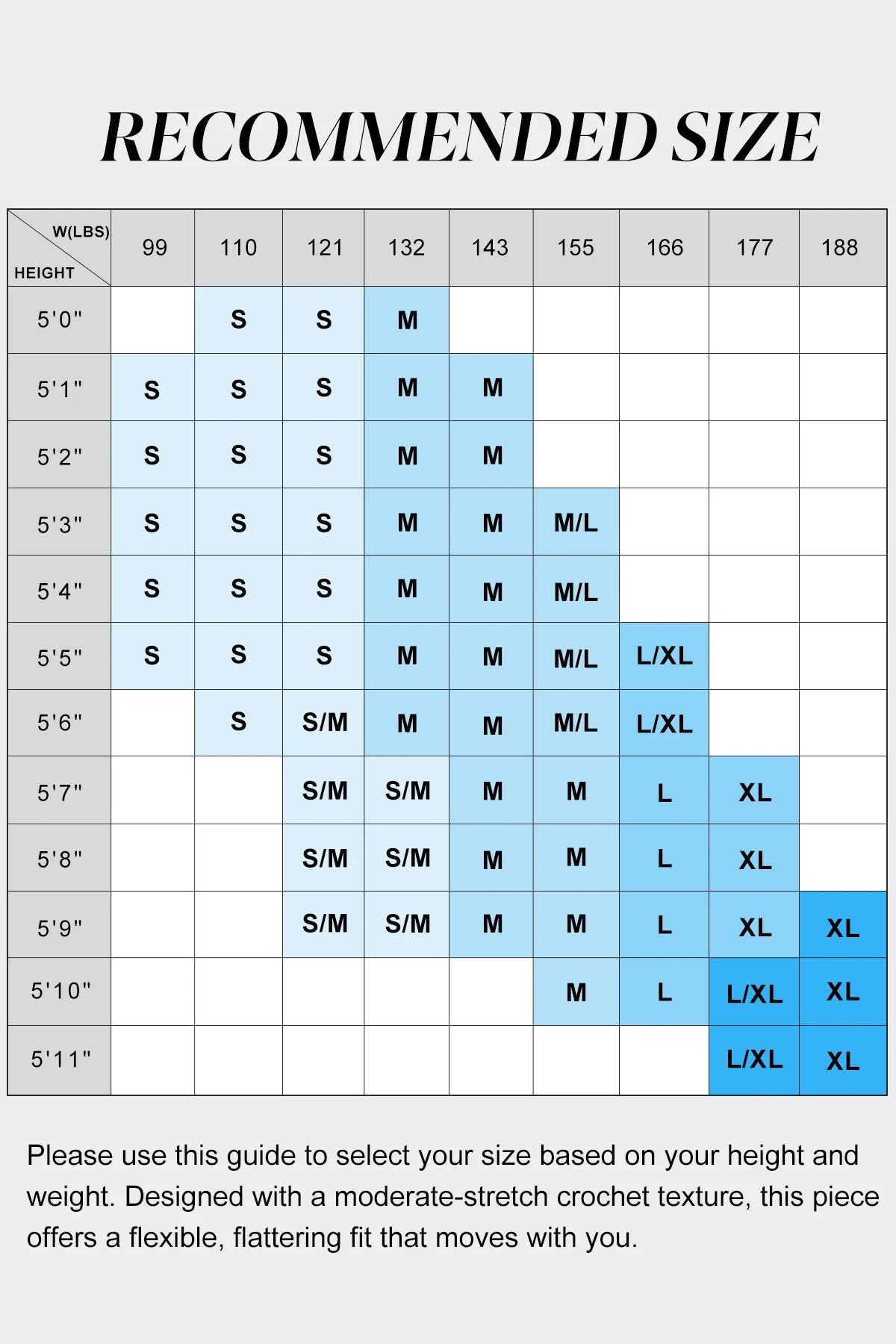 Size chart for clothing based on height and weight with blue and gray color coding.
