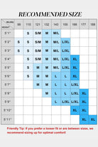 Size chart for clothing with height and weight recommendations in a grid format.