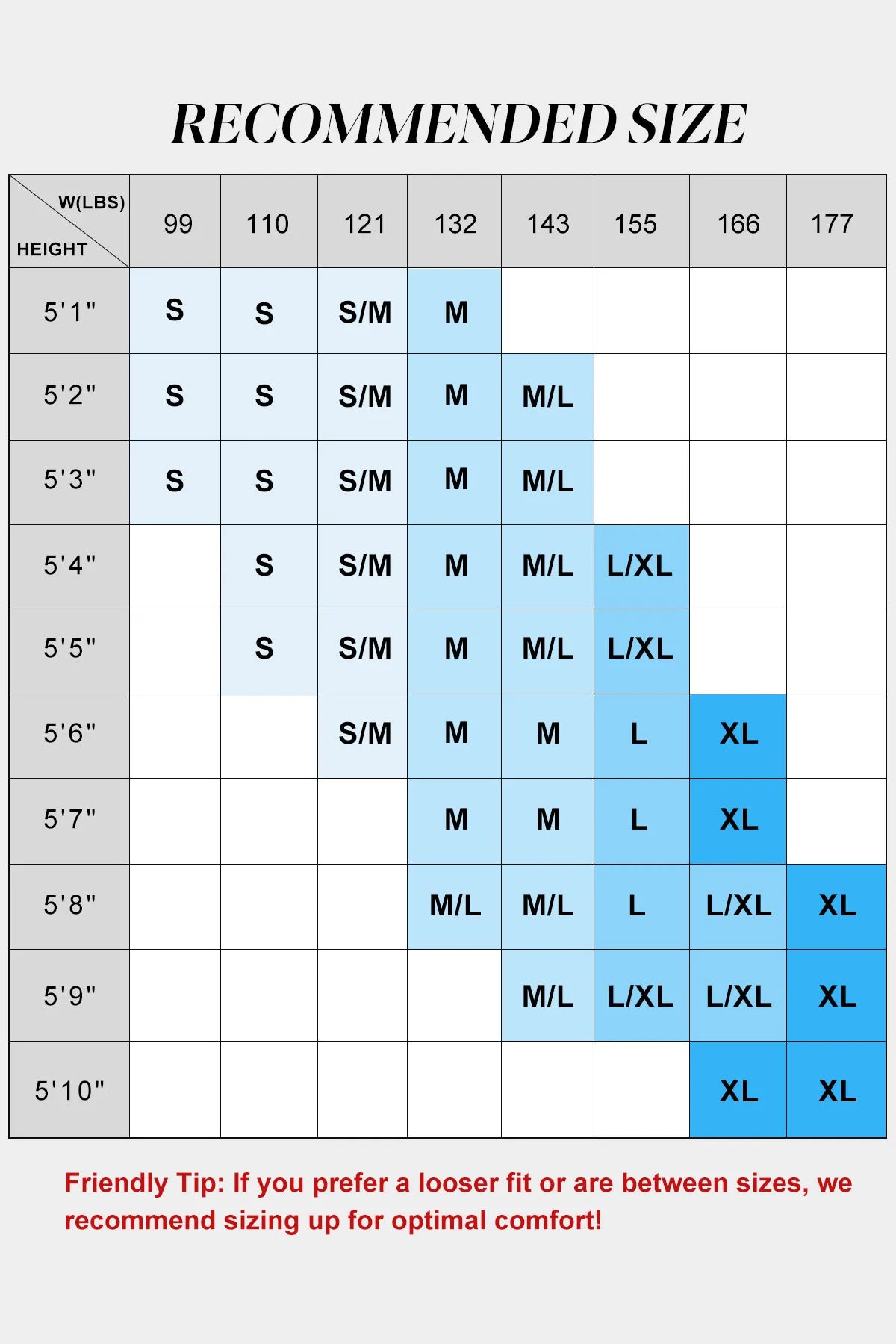 Size chart for clothing with height and weight guidelines
