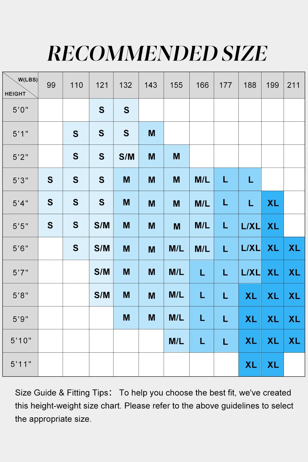 Size chart for clothing with height and weight guidelines on a white background