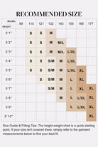 A size guide and fitting tips chart showing recommended sizes by height in inches for weights ranging from 50 lbs to 220 lbs, with a small section of garment measurements below.